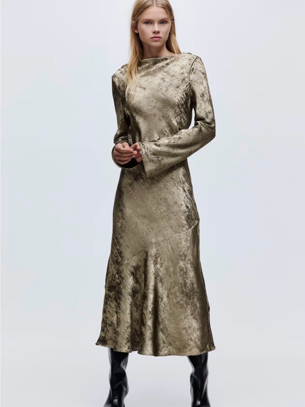 H&M Gold Metallic Long-Sleeve Open-Back Satin Dress